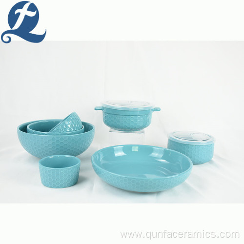 Wholesale custom emboss grid binaural ceramic soup pots